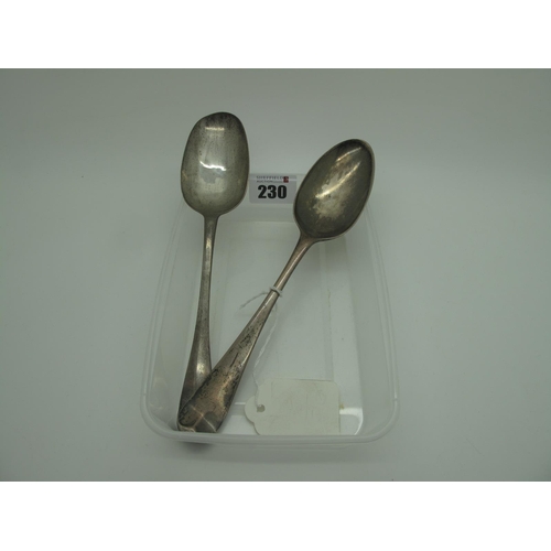 230 - Two Bottom Struck Hallmarked Silver Old English Pattern Table Spoons, (marks unclear) one crested (w... 