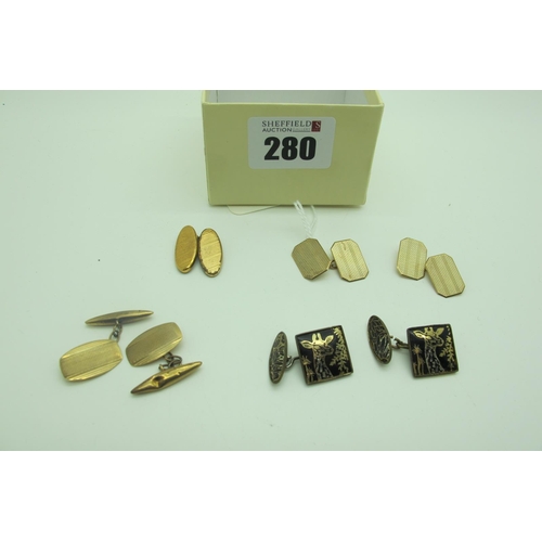 280 - A Pair of 9ct Gold Cufflinks, the engine turned panels on chain connections, together with another p... 