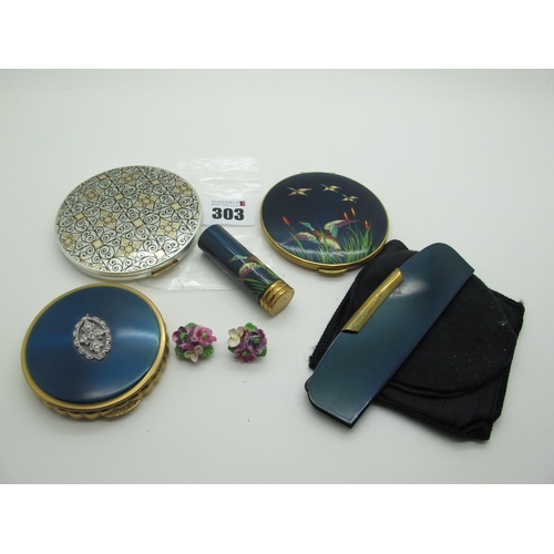 303 - Decorative Vintage KIGU Flying Ducks Powder Compact, together with a matching lipstick holder and co... 