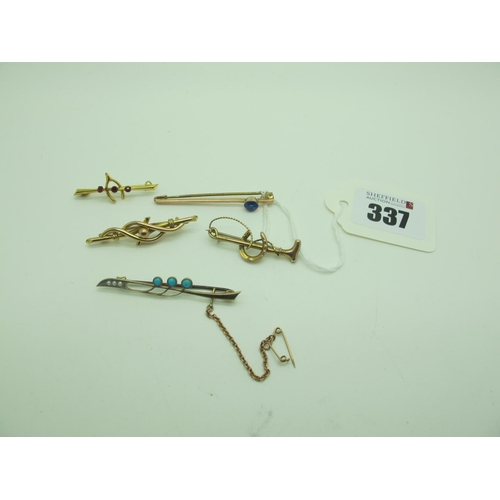 337 - Five Edwardian and Later Bar Brooches, including riding crop and horseshoe, wishbone, single stone i... 