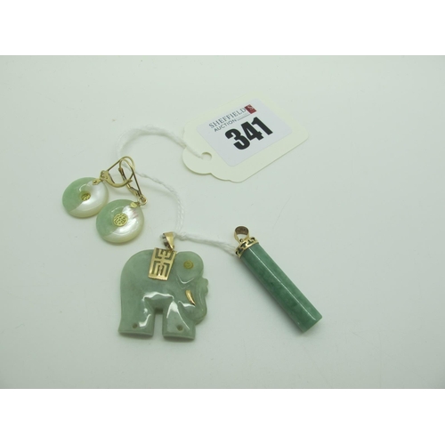 341 - A Modern Polished Green Hardstone Elephant, together with a polished pendant and a pair of polished ... 