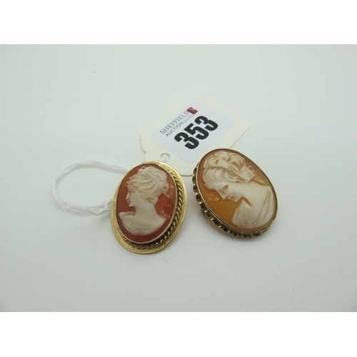 353 - A 9ct Gold Oval /shell Carved Cameo Brooch, depicting female profile, and another stamped 