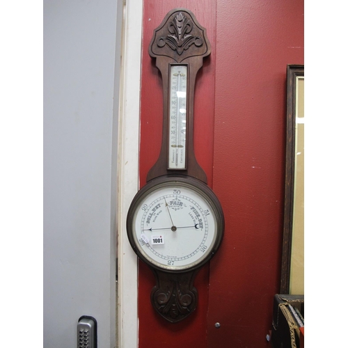 1001 - Mahogany Banjo Barometer, with poker work carving, Made In England, thermometer to neck.