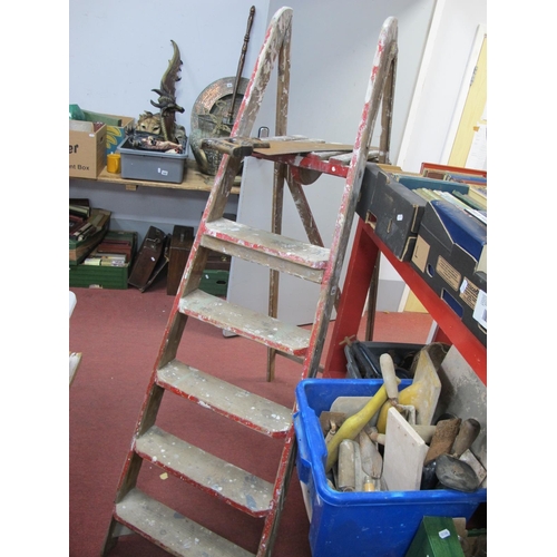 1029 - Woodworkers Tools, Woden corner clamp, plasterers equipment, etc:- Two Boxes, folding steps.