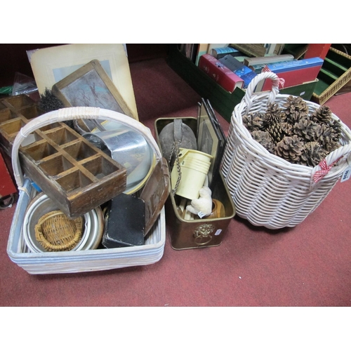 1030 - Mixing Bowl, Art Deco and brass photograph frames, coinage, brass planter, prints, pine cones, etc.