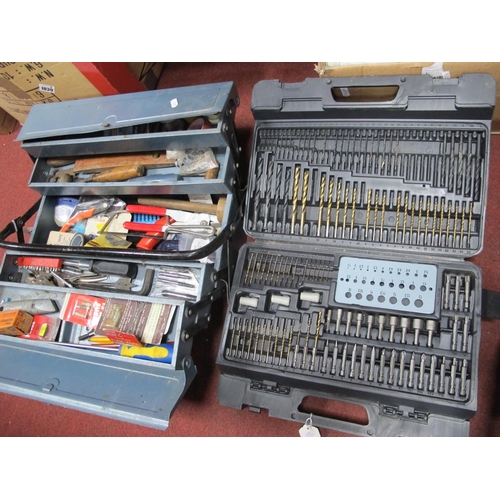 1040 - Tools - marking gauge, hack saw, etc, in metal carry box, drill attachments in case.