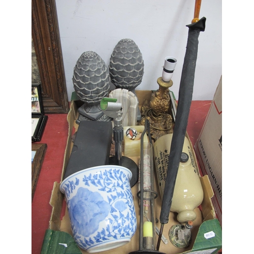 1043 - Gilded Table Lamp, stoneware foot warmer, parasol with bakelite handle, microphone, etc:- One Box