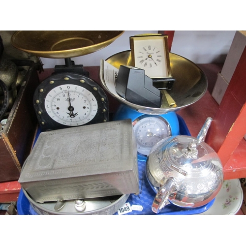 1049 - Sochncle Scales and Other Set, Walker and Hall teapot, teaspoons, Timemaster clock, pewter bowl and ... 