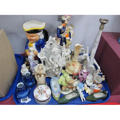 1195 - Burlington Toby Jug, 23cm high, figurines, pin cushion, dolls, etc:- One Tray.