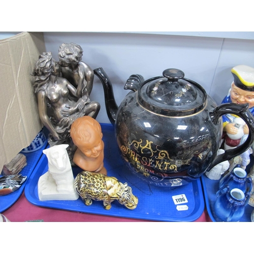 1196 - Resin Figure Group - The Embrace, 28cm high, Victorian large black glaze teapot (lid damaged), etc:-... 