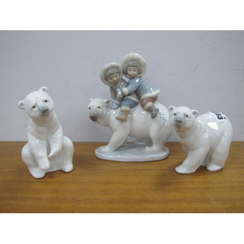 1233 - Lladro, Eskimo Children on Polar Bear 5353, and two polar bears. (3).