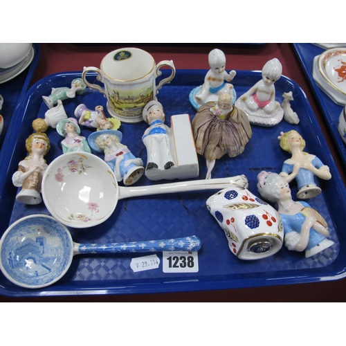 1238 - Aynsley 1984 Mug, two ladles, Crown Derby paperweight, pin cushion dolls, etc:- One Tray.