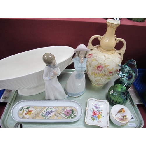 1244 - Royal Worcester Tidy Jar-Cover, with hand painted Robin, two Nao figures, Midana glass paperweight:-... 