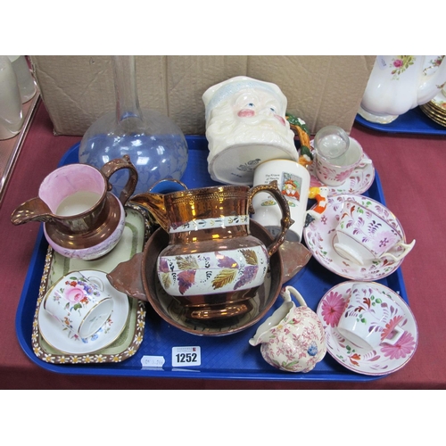 1252 - A XIX Century Copper Lustre Jug, XIX Century decanter, XIX Century lustre cup-saucers etc:- One Tray... 