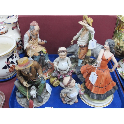 1253 - Capodimonte Figures, of a man on a horse, Flamenco dancer, etc (6).