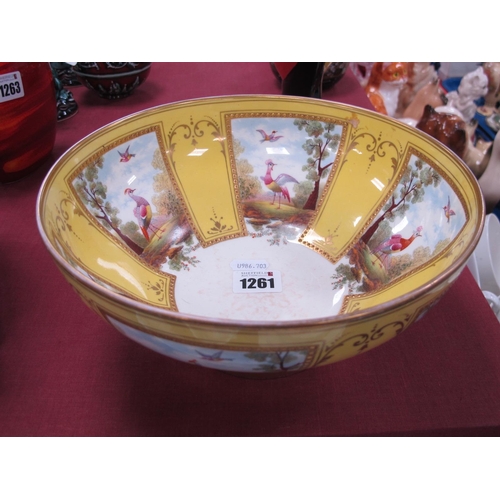 1261 - Aynsley China Fruit Bowl, hand painted with exotic birds to five panels between yellow and gilt pane... 