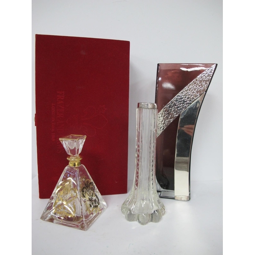 1292 - Frazer and Haws Amethyst, with white metal overlay, 25cm high, in case, pyramid shaped scent bottle,... 