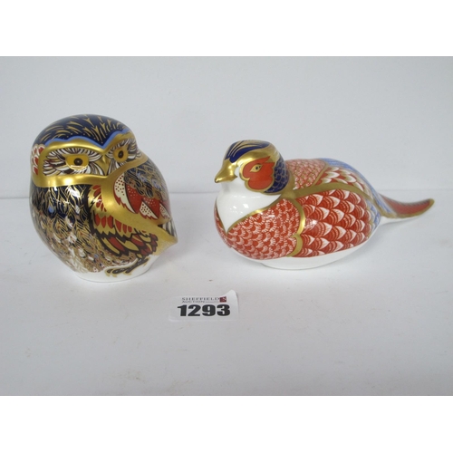 1293 - A Royal Crown Derby Paperweight 'Little Owl', date code for 1999, gold stopper; Another 'Pheasant'. ... 