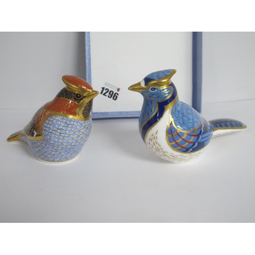 1296 - A Royal Crown Derby Paperweight 'Waxwing', date code for 1998, gold stopper; Another ' Blue Jay', go... 