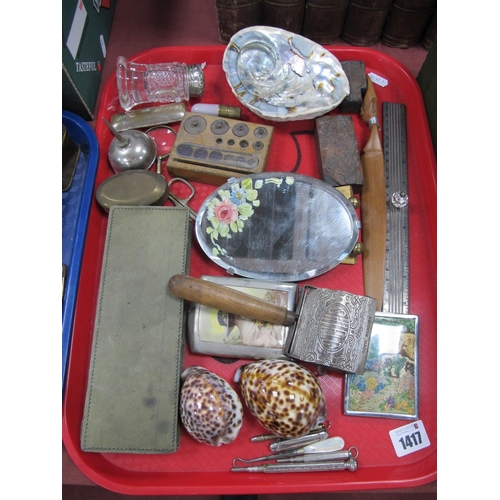 1417 - Sea Shells, weights, cigarette case, magnifier, printing blocks, desk set, etc:- One Tray.