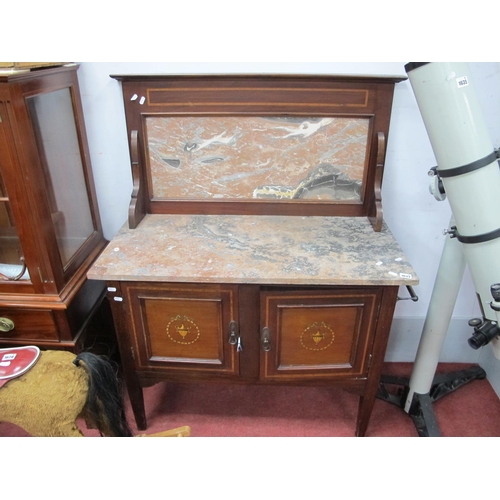 1633 - And Edwardian Mahogany Wash Stand, with a marble back and top, twin inlaid cupboards, tapering legs