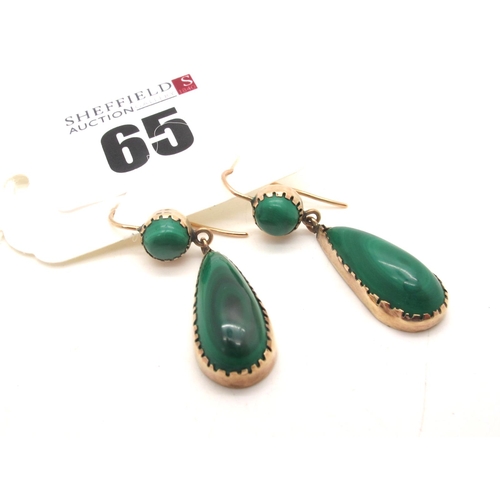 65 - A Pair of Vintage Malachite Drop Earrings, collet set on hook fittings.