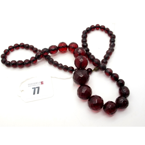 77 - A Long Single Strand Faceted Cherry Amber Coloured Bead Necklace.