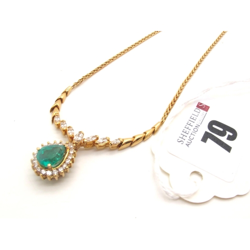 79 - A Modern Emerald and Diamond Set Necklace, the large pear shape emerald claw set within border of br... 