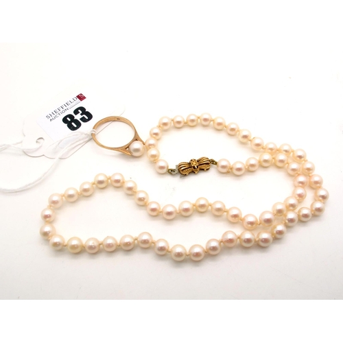 83 - A Single Strand Pearl Bead Necklace, the uniform beads knotted to a 9ct gold clasp; A 9ct Gold Singl... 