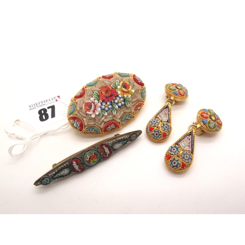 87 - A Vintage Micromosaic Bar Brooch, together with a gilt metal oval micromosaic brooch and pair of (un... 