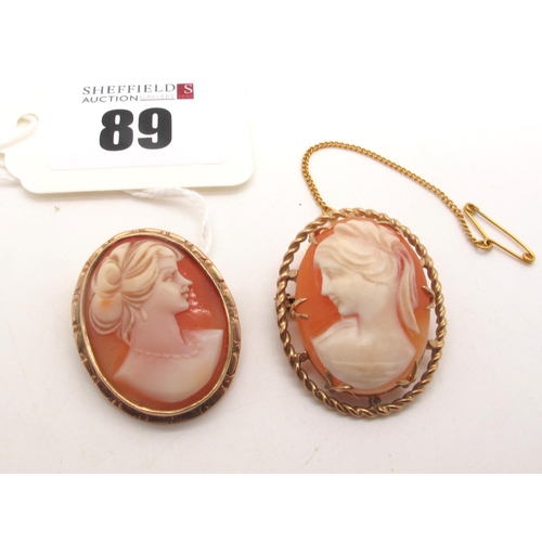 89 - A 9ct Gold Oval Shell Carved Cameo Brooch, depicting female profile; Together with Another Oval Came... 