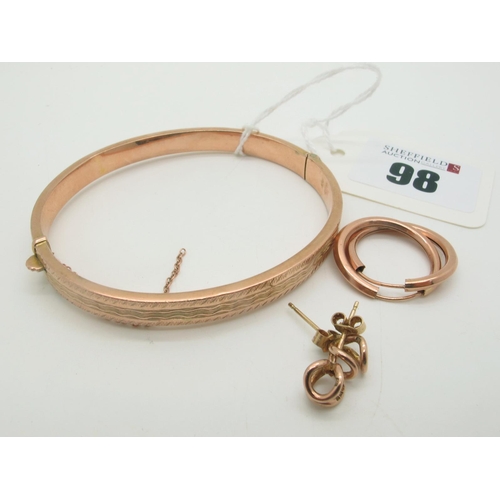 98 - A 9ct Rose Gold Hinged Bangle, of part patterned design (dents) (7grams); Together with A Pair of Ho... 