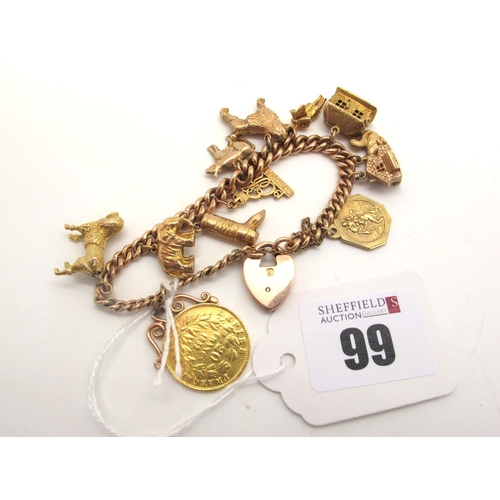 99 - A 9ct Gold Curb Link Charm Bracelet, to a heart shape padlock style clasp, suspending numerous charm... 