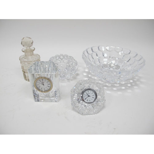 1002 - Two Waterford Crystal Clocks, perfume bottle, Orrefors posy and bowl, 19cm diameter.