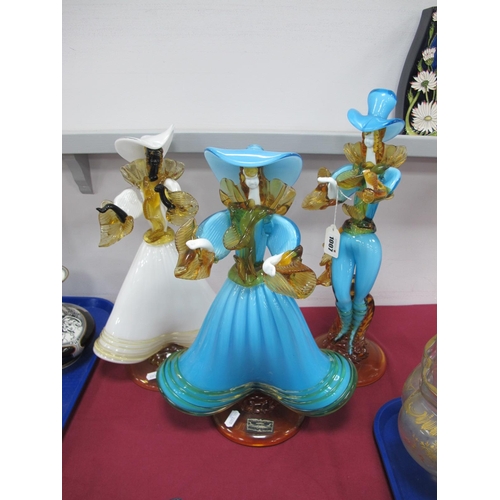 1007 - A Pair of Venetian Glass Company Mid XX Century Figures of Dancers, in turquoise, amber and white, t... 