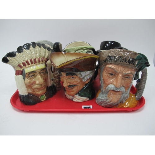 1035 - Royal Doulton Character Jugs, Robinson Crusoe 18cm high, Dick Turpin, North American Indian, Anne Bo... 