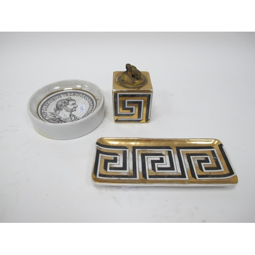 1061 - Fornasetti Greek Key Design Pin Tray, 18.5cm wide and cube form lighter, classical bust circular ash... 