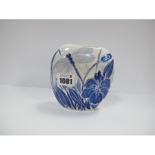 1081 - An Anita Harris Blue and White Lustre Dragonfly Purse Vase, gold signed, 12cm high.