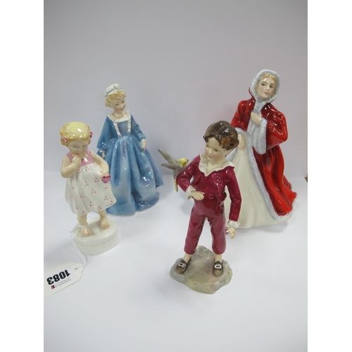 1083 - Three Royal Worcester Porcelain Figurines 'Grandmothers Dress', 'Parakeet' and 'Only Me', and a Roya... 