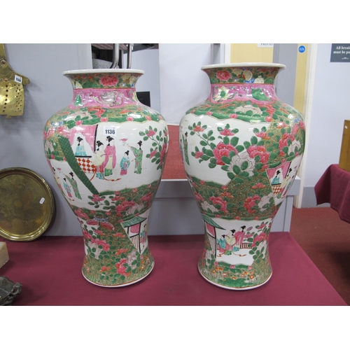 1136 - A Pair of Chinese Famille Rose Porcelain Vases, the panels decorated with female figures with furthe... 