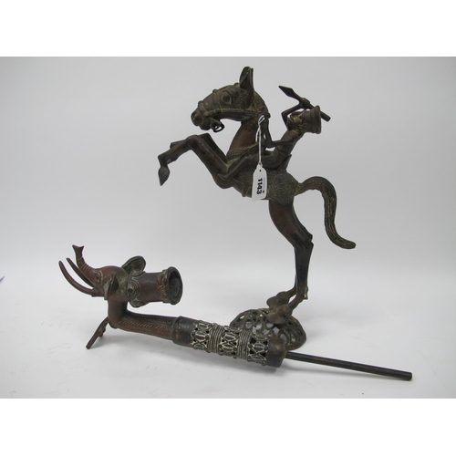 1143 - A Bronzed African Style Tang Horse, rampant position, 40cm high, with detachable rider, Hookah pipe ... 