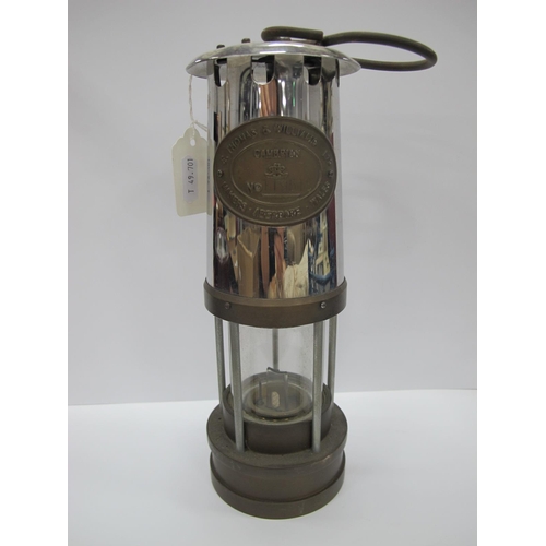 1157 - Miners Lamp, E. Thomas & Williams, Aberdare, No 19515 25cm high with handle down.