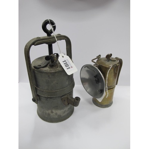 1161 - Carbide Lamp Premier of Leeds, brass bodied 14.5cm high, a larger grey painted lamp. (2).