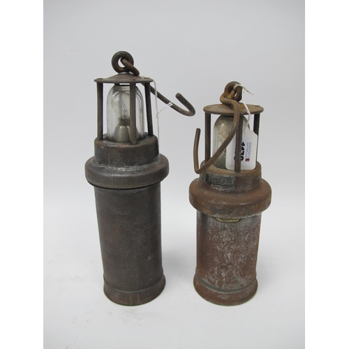 1170 - Miners Lamps, Ceag, Barnsley, Yorkshire, type 4, screw topped, 28cm high with handle down, another w... 