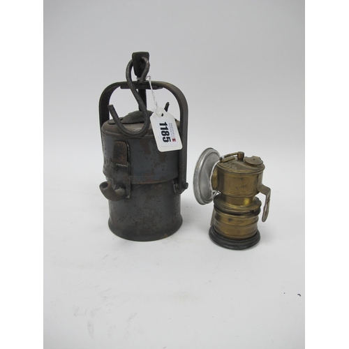 1185 - Carbide Lamp Premier of Leeds, brass bodied 10cm high, and larger grey painted lamp.(2)