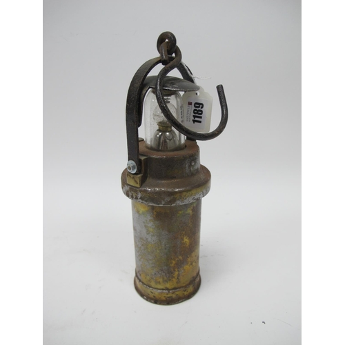 1189 - Miners Lamp, Ceag, Barnsley, Yorkshire, with arched carry handle and arrow to screw top, 28cm high w... 