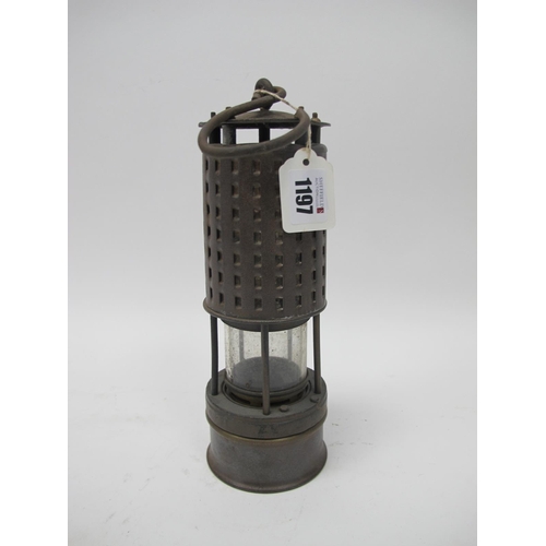 1197 - Miners Lamp, 'Permissible', with pierced upper body, 26cm high with handle down.