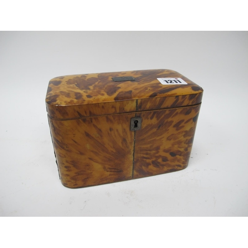 1211 - An Early XIX Century Tortoiseshell Tea Caddy, of rounded rectangular form with inset cartouche to th... 