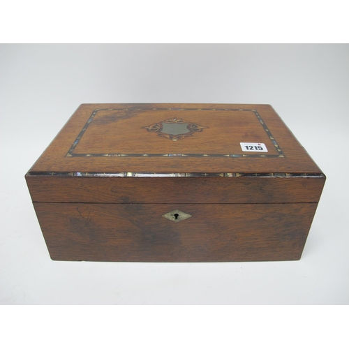 1215 - A Mid XX Century Rosewood Sewing Box, the lid with inlaid cartouche within decorative band,, the int... 