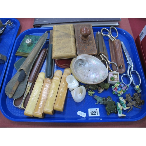 1221 - Scissors in Leather Sheaths, office clips, shells, blotters, frog brooches, etc:- One Tray.